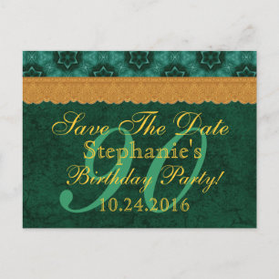 90th Save the Date Green and Gold Lace Announcement Postcard