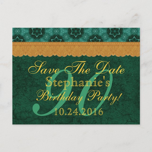 90th Save the Date Green and Gold Lace Announcement Postcard (Front)