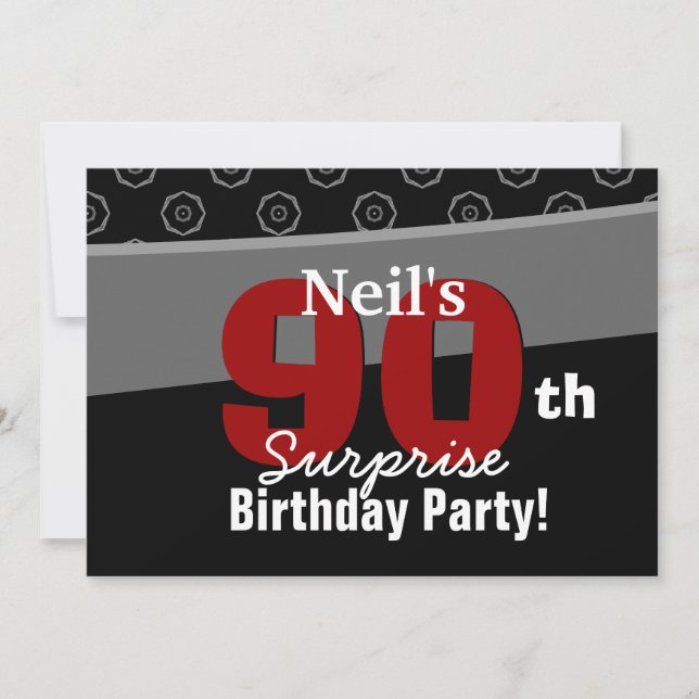 90th Surprise Birthday Black White Horizontal Invitation (Front)