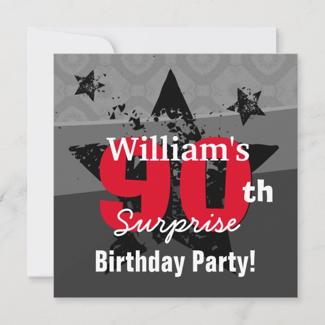 90th Surprise Birthday Charcoal and Red Grunge C90 Invitation (Front)