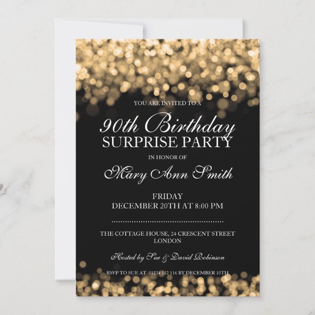 90th Surprise Birthday Party Gold Lights Invitation (Front)