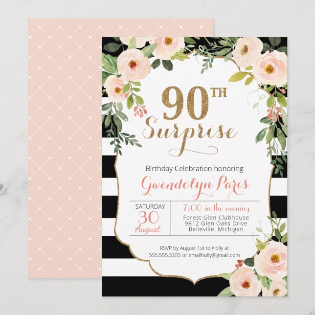 90th Surprise Black White Stripe Floral Birthday Invitation (Front/Back)