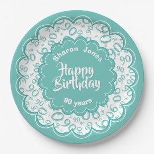 90th Teal/White Random Number Pattern Paper Plate