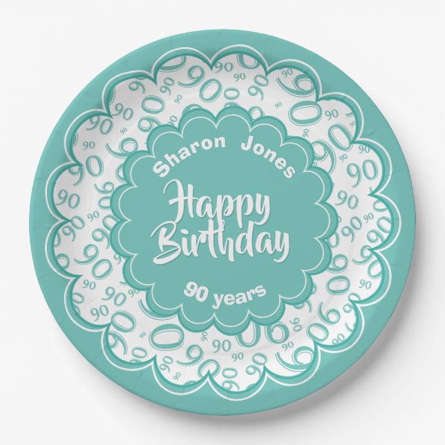 90th Teal/White Random Number Pattern Paper Plate (Front)