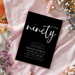 90th White on Black Birthday Party Modern Script Invitation<br><div class="desc">This modern, white on black design features the word "ninety" in a script style calligraphy and an elegantly spaced, modern typography comprising classical serif fonts. The invitations reverse to a delicate repeating triangle pattern in black and chromatic grey. Suitable for men or women. Choose from printed Zazzle invitations with different...</div>