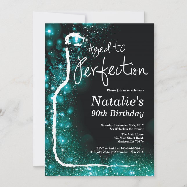 90th Wine Birthday Aged to Perfection Teal Invitation (Front)