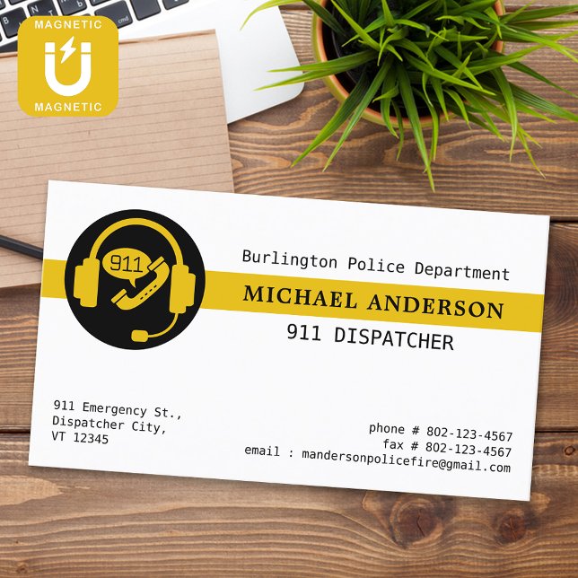 911 Dispatcher Custom Logo Modern Thin Gold Line Magnetic Business Card (Creator Uploaded)