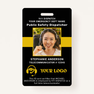 911 Dispatcher ID Custom Photo Thin Gold Line  ID Badge