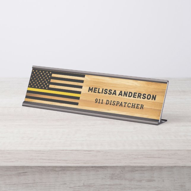 911 Dispatcher Thin Gold Line Flag Rustic Wood Desk Name Plate (Front)