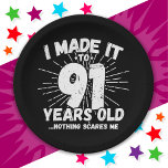 91 Year Old Sarcastic Meme Funny 91st Birthday Paper Plate<br><div class="desc">This funny 91st birthday design makes a great sarcastic humour joke or novelty gag gift for a 91 year old birthday theme or surprise 91st birthday party! Features 'I Made it to 91 Years Old... Nothing Scares Me' funny 91st birthday meme that will get lots of laughs from family, friends,...</div>