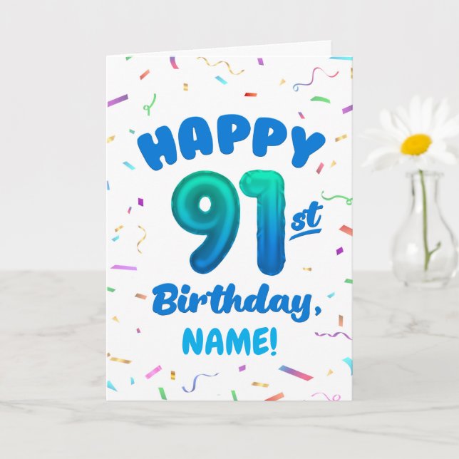 91st Balloon Number Custom Name Birthday Card (Small Plant)