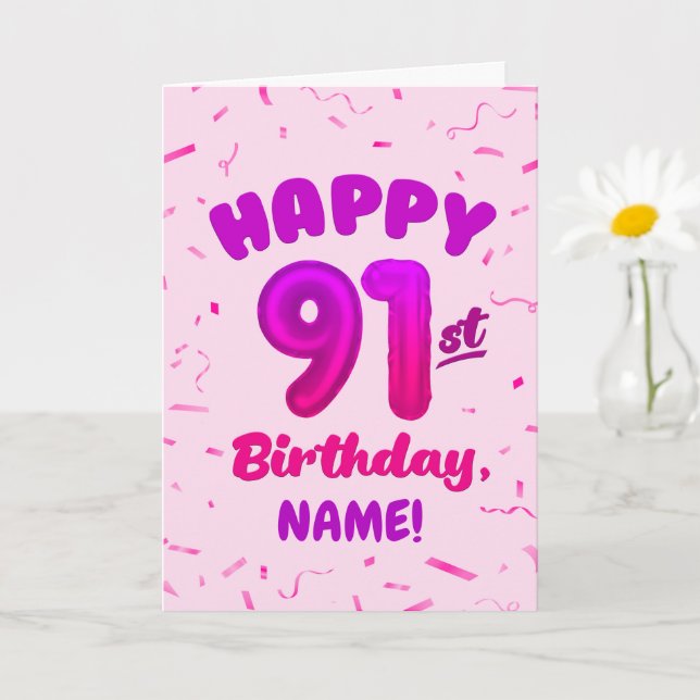 91st Balloon Number Custom Name Birthday Card (Small Plant)