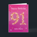 91st Birthday - 91 in Stars - Pink/Purple - Age 91 Card<br><div class="desc">91st Birthday Card. 91 in Stars - Age Number - Ninety First Birthday Card - Pink/Purple Background - Customizable Text. Pink card with stars number design - the number "91" created with yellow, red and white stars. Customizable text: on front of card: Happy Birthday and Add Your Name. Customizable text:...</div>