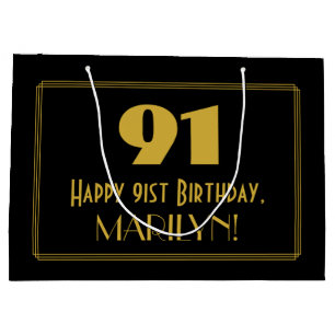 91st Birthday — Art Deco Inspired Look "91" & Name Large Gift Bag