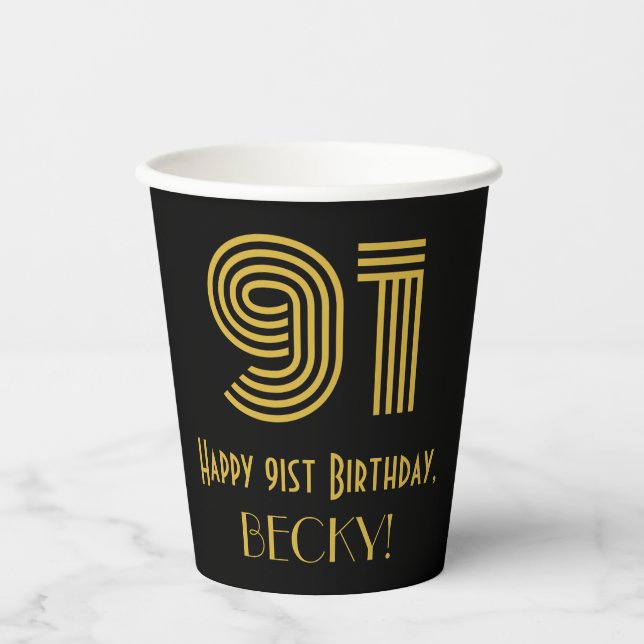 91st Birthday: Art Deco Inspired Look “91” & Name Paper Cups (Front)