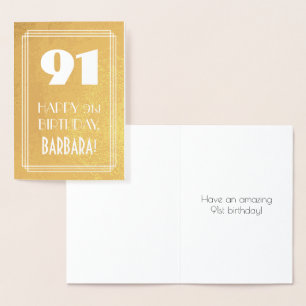91st Birthday ~ Art Deco Style "91" & Custom Name Foil Card