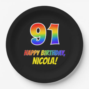 91st Birthday: Bold, Fun, Simple, Rainbow 91 Paper Plate