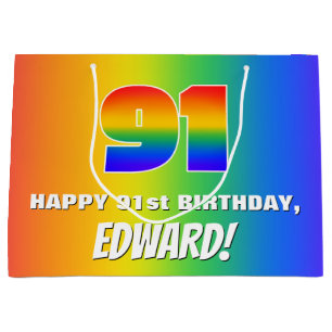 91st Birthday: Colorful, Fun Rainbow Pattern # 91 Large Gift Bag