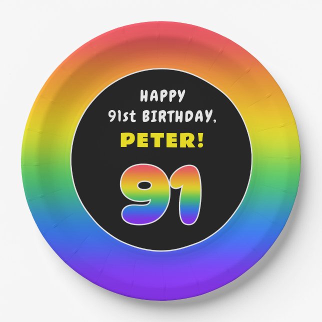 91st Birthday: Colorful Rainbow # 91, Custom Name Paper Plate (Front)