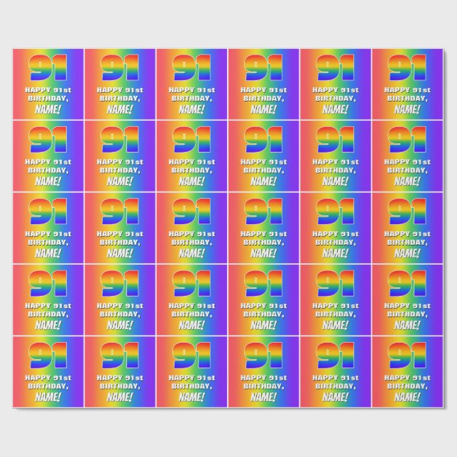 91st Birthday: Colourful, Fun Rainbow Pattern # 91 Wrapping Paper (Flat)