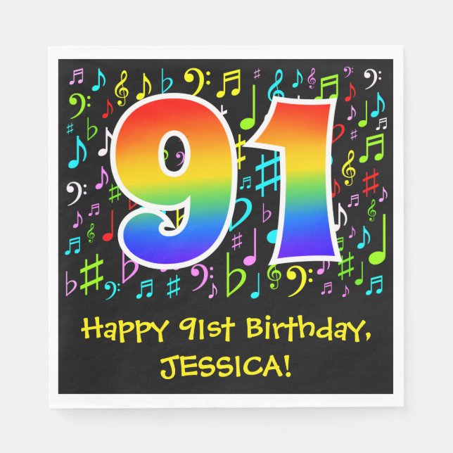 91st Birthday - Colourful Music Symbols, Rainbow 9 Napkin (Front)
