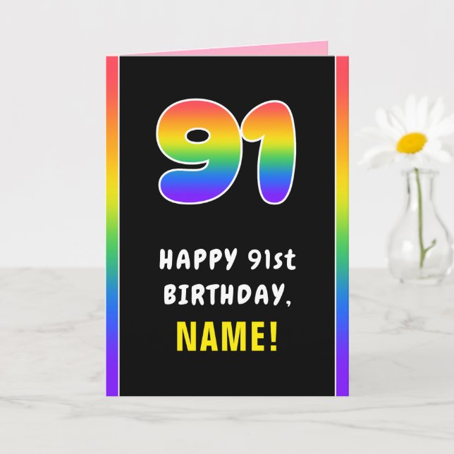 91st Birthday: Colourful Rainbow # 91, Custom Name Card (Small Plant)