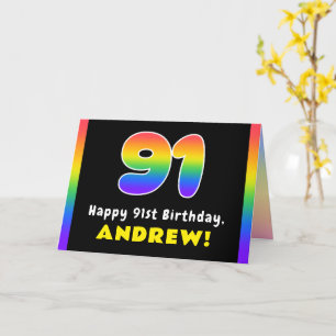 91st Birthday: Colourful Rainbow # 91, Custom Name Card