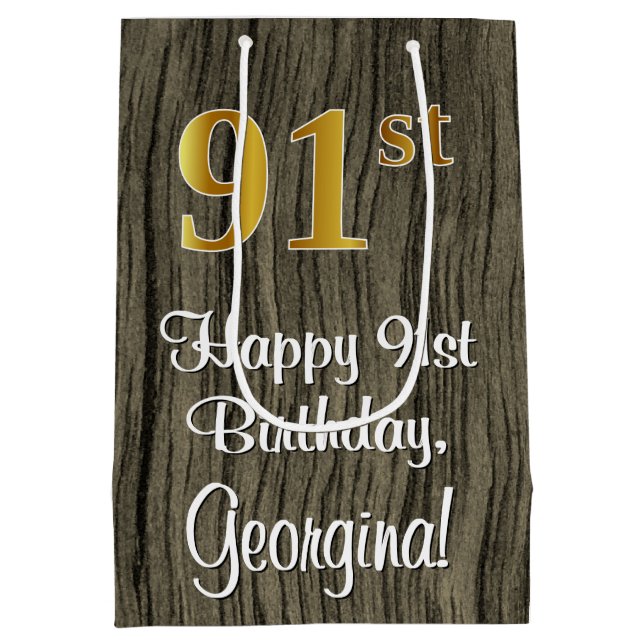 91st Birthday: Elegant Faux Gold Look #, Faux Wood Medium Gift Bag (Back)