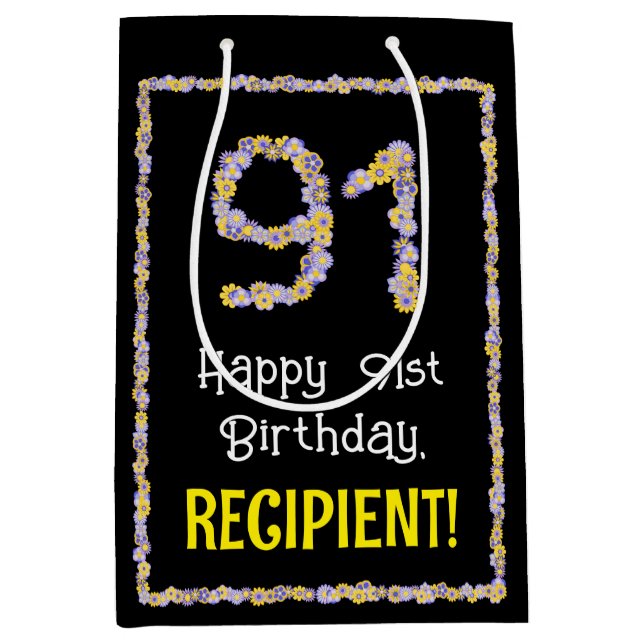 91st Birthday: Floral Flowers Number, Custom Name Medium Gift Bag (Front)