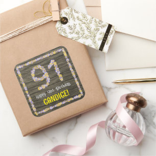 91st Birthday: Floral Number, Faux Wood Look, Name Square Sticker