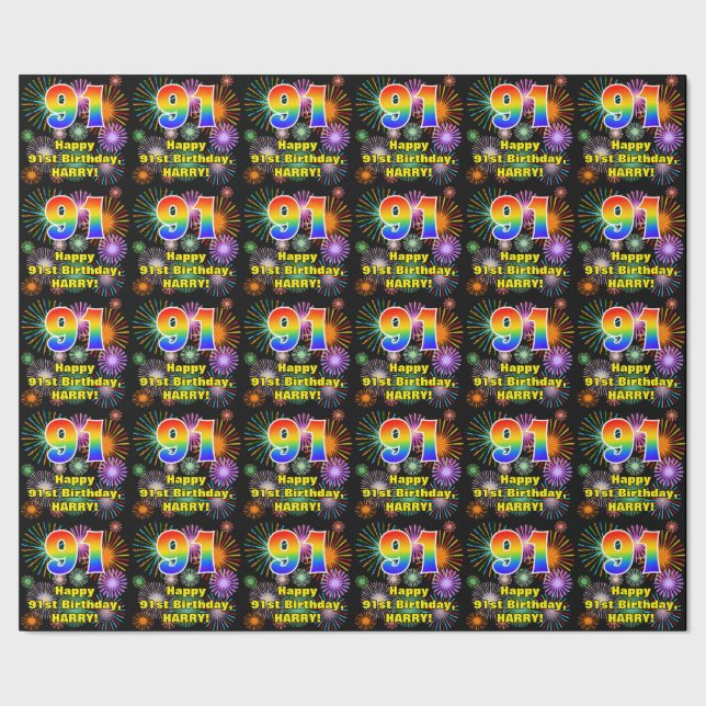 91st Birthday: Fun Fireworks, Rainbow Look # “91” Wrapping Paper (Seam)