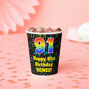 91st Birthday: Fun Music Notes Pattern, Rainbow 91 Paper Cups