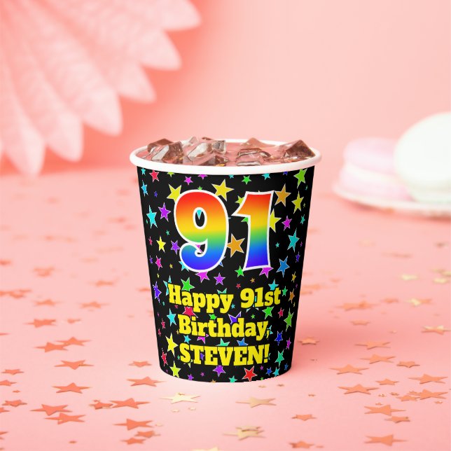 91st Birthday: Fun Stars Pattern and Rainbow 91 Paper Cups (Insitu)