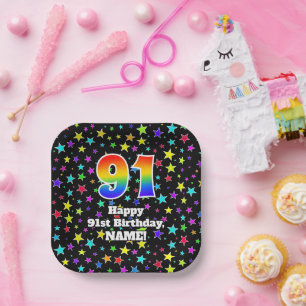 91st Birthday: Fun Stars Pattern and Rainbow “91 Paper Plate
