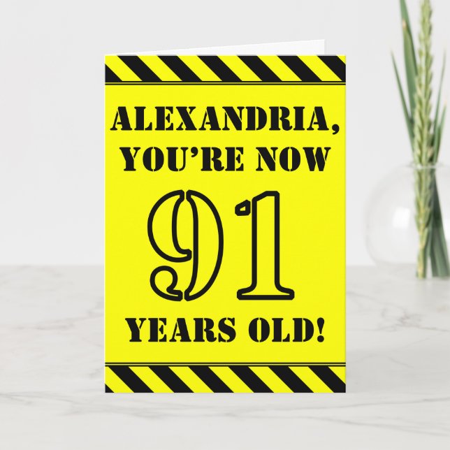 91st Birthday: Fun Stencil Style Text, Custom Name Card (Front)