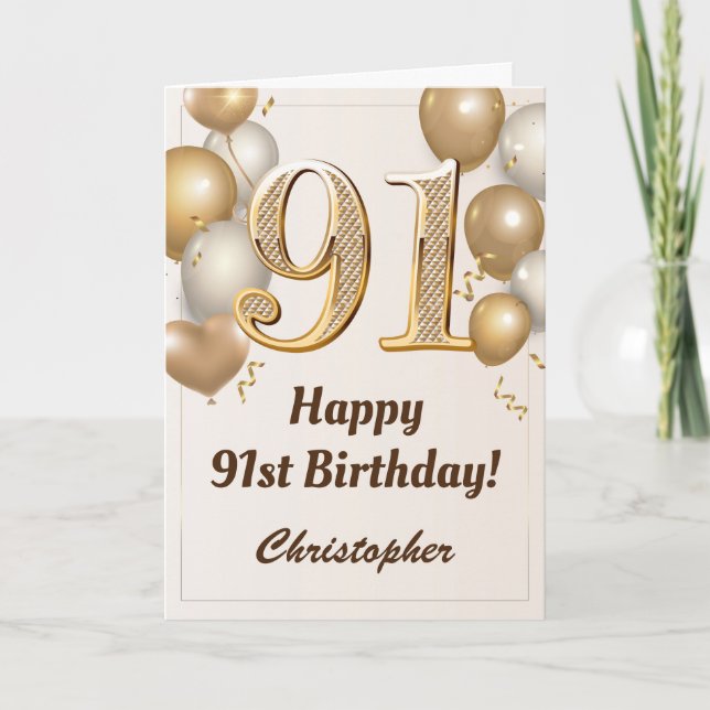 91st Birthday Gold Balloons and Confetti Birthday Card (Front)