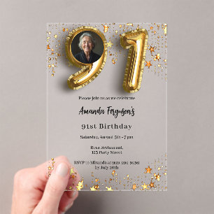 91st birthday gold photo stars clear acrylic invitations