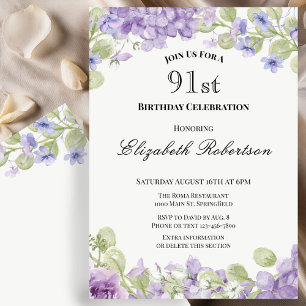 91st Birthday Invitation Elegant Purple Floral