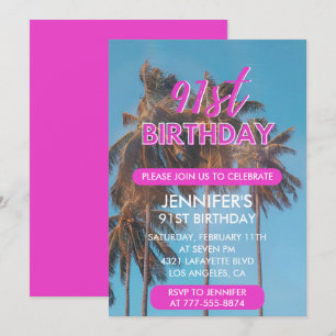 91st birthday invitation Summer Pink Palm tree