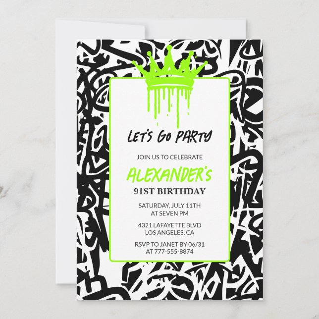 91st birthday invitations Men Party Graffiti Crown (Front)