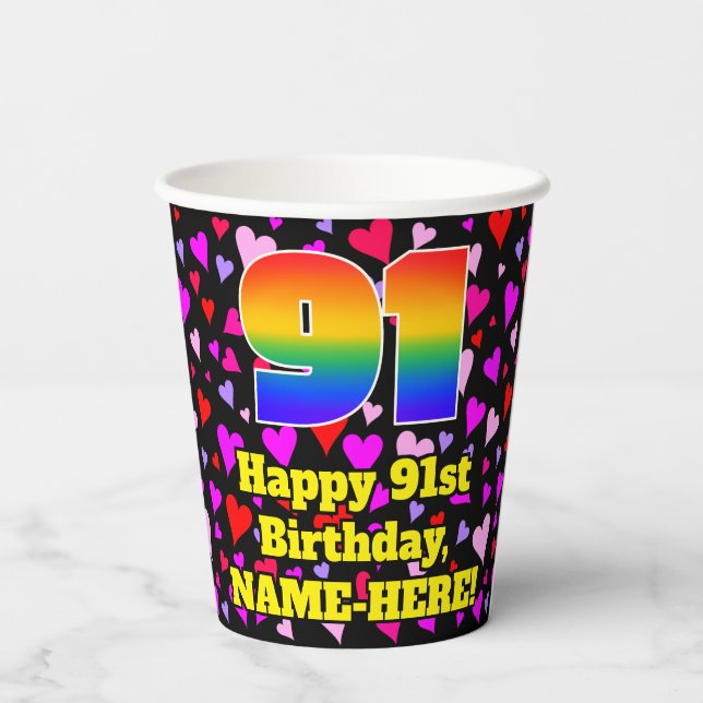 91st Birthday: Loving Hearts Pattern, Rainbow 91 Paper Cups (Back)
