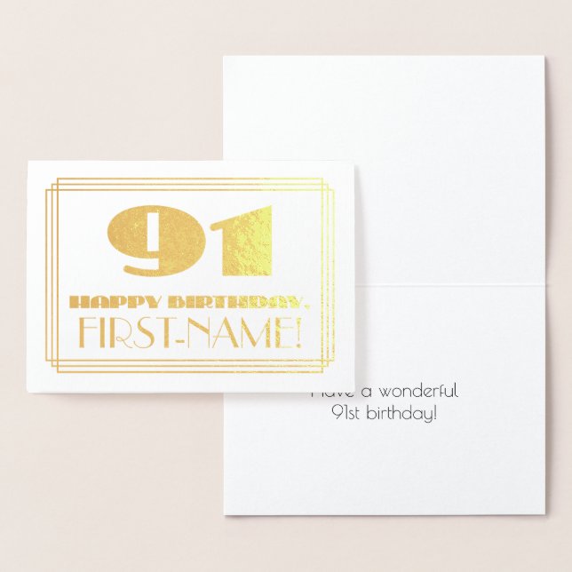 91st Birthday; Name + Art Deco Inspired Look "91" Foil Card (Display)