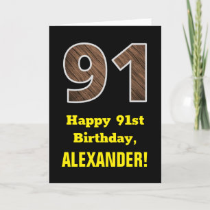 91st Birthday: Name, Faux Wood Grain Pattern "91" Card