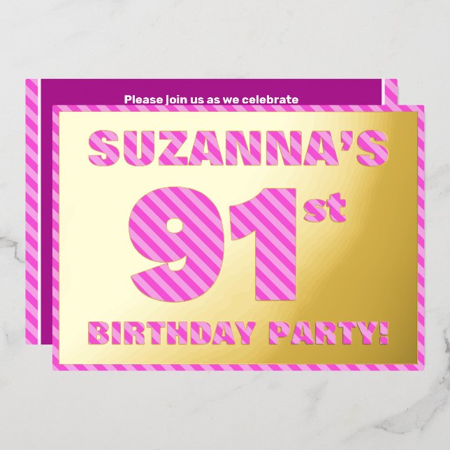 91st Birthday Party — Bold, Fun, Pink Stripes # 91 (Front/Back)