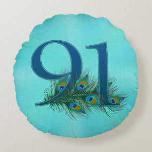 91st Birthday Peacock Feather Number Round Cushion