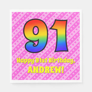 91st Birthday: Pink Stripes & Hearts, Rainbow # 91 Napkin