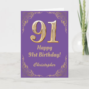 91st Birthday Purple and Gold Glitter Frame Card