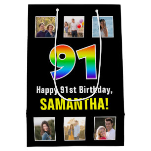 91st Birthday: Rainbow “91“, Custom Photos & Name Medium Gift Bag