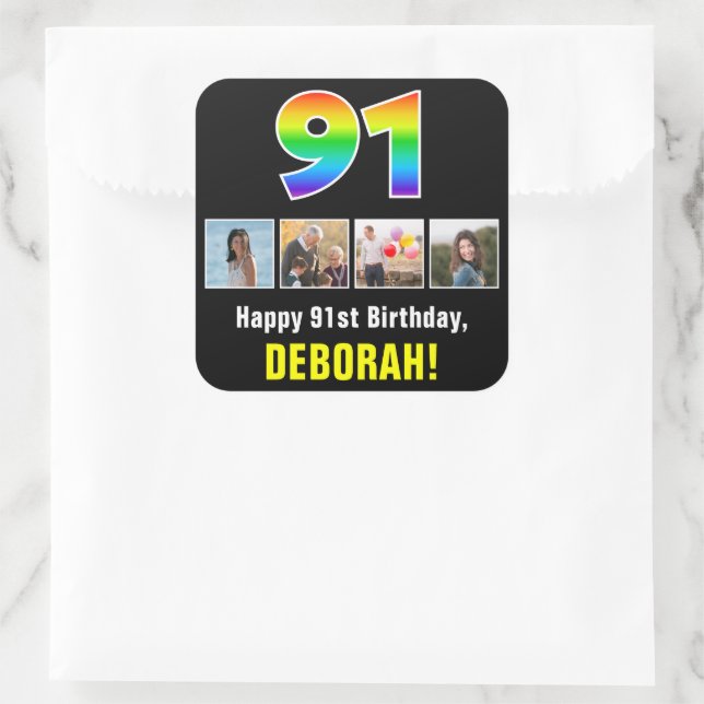 91st Birthday: Rainbow “91”; Custom Photos & Name Square Sticker (Bag)