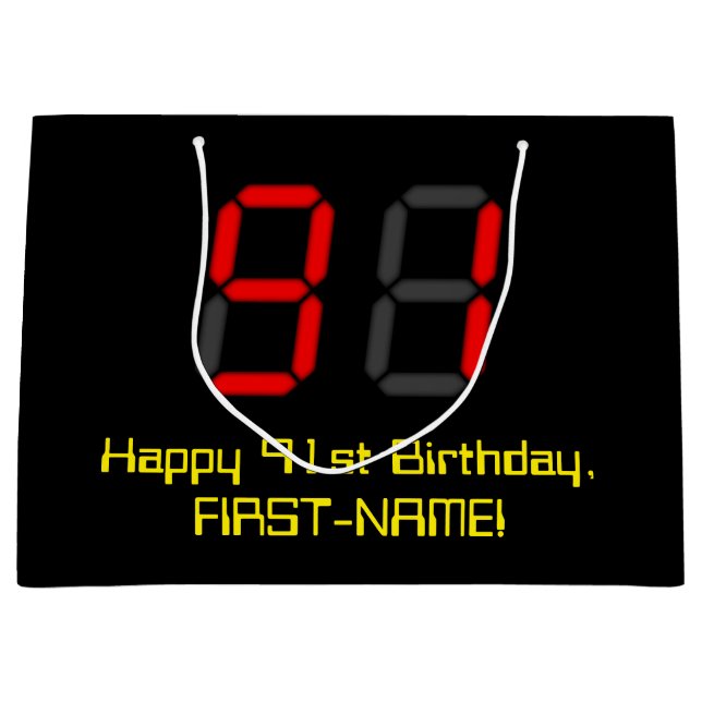 91st Birthday: Red Digital Clock Style "91" + Name Large Gift Bag (Front)
